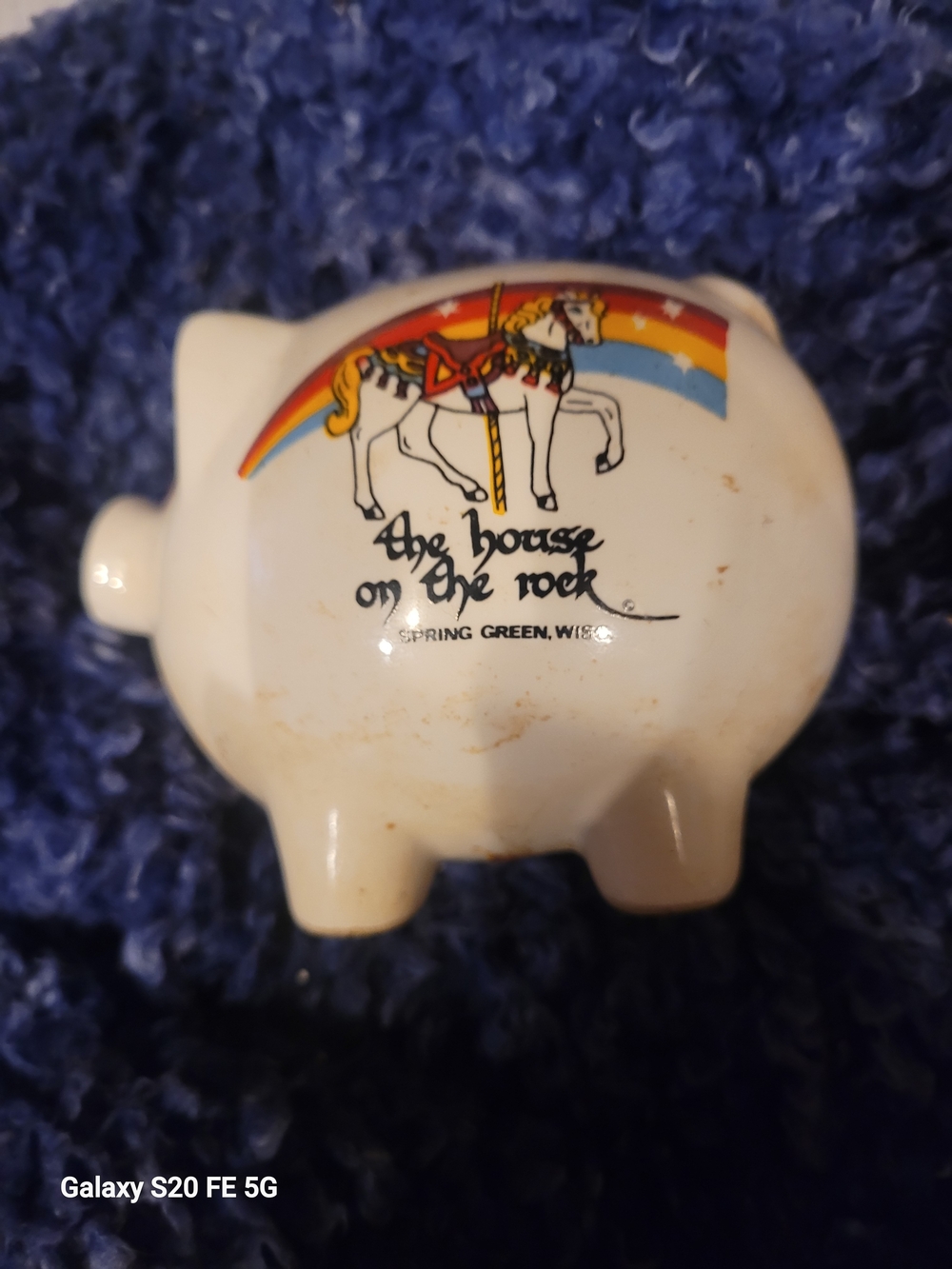 Vintage White Ceramic Piggy Bank with Carousel Horse Graphic